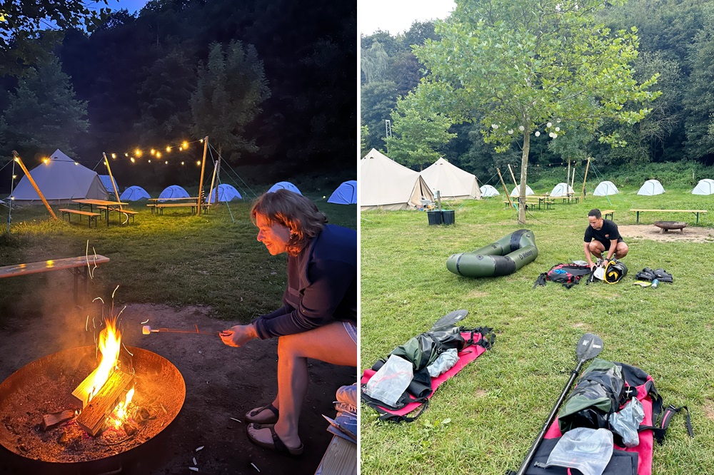 Preparando el equipo de packrafting en el campamento base de Packraft Travel en Alemania
